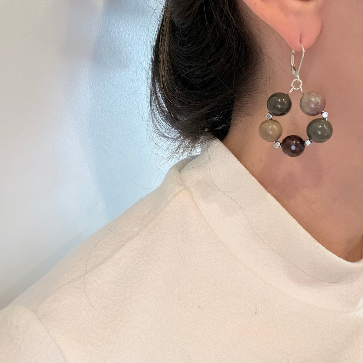 Earth Jasper Gemstone Circle Drop Earrings