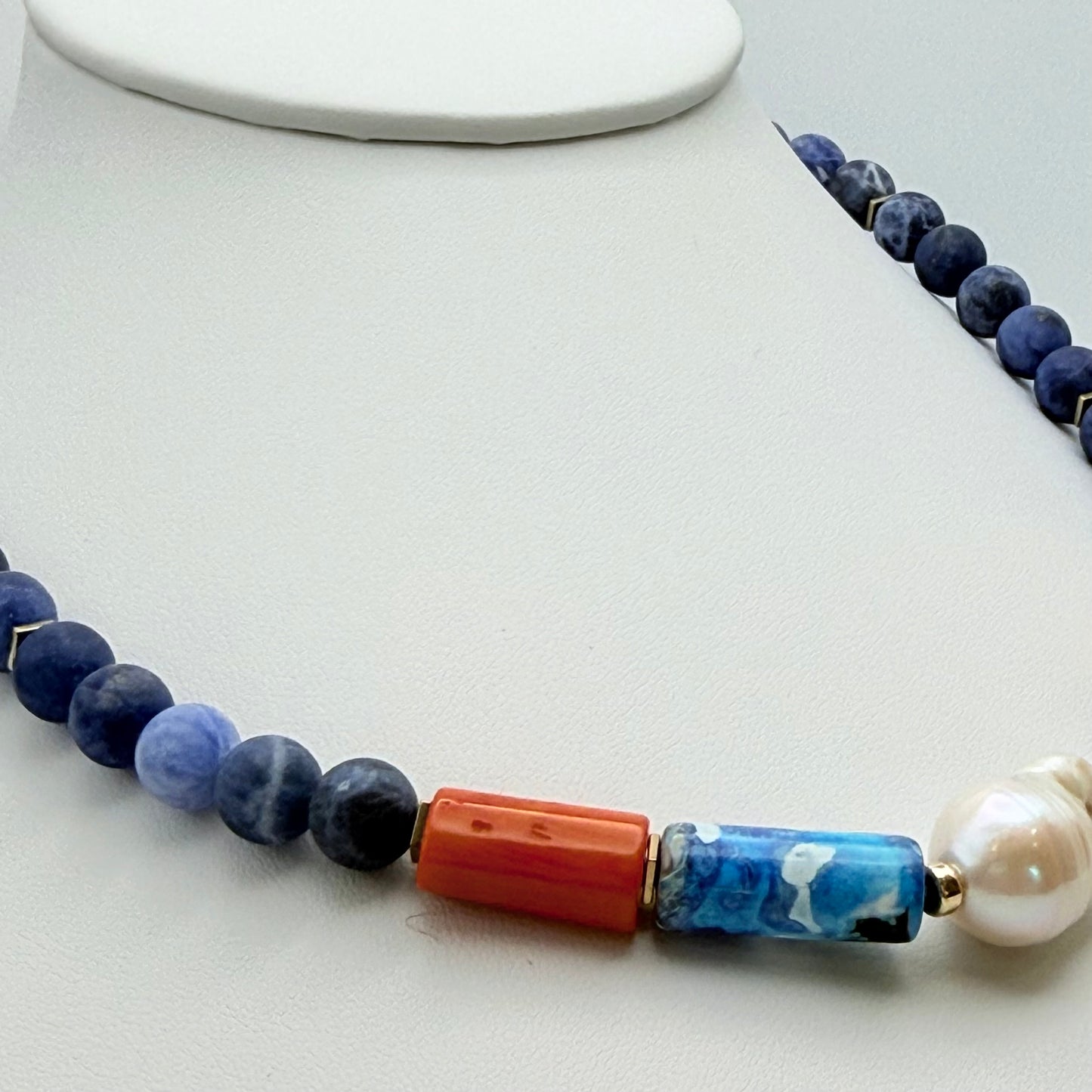 Sodalite, Agate, Coral & Baroque Pearl Statement Necklace
