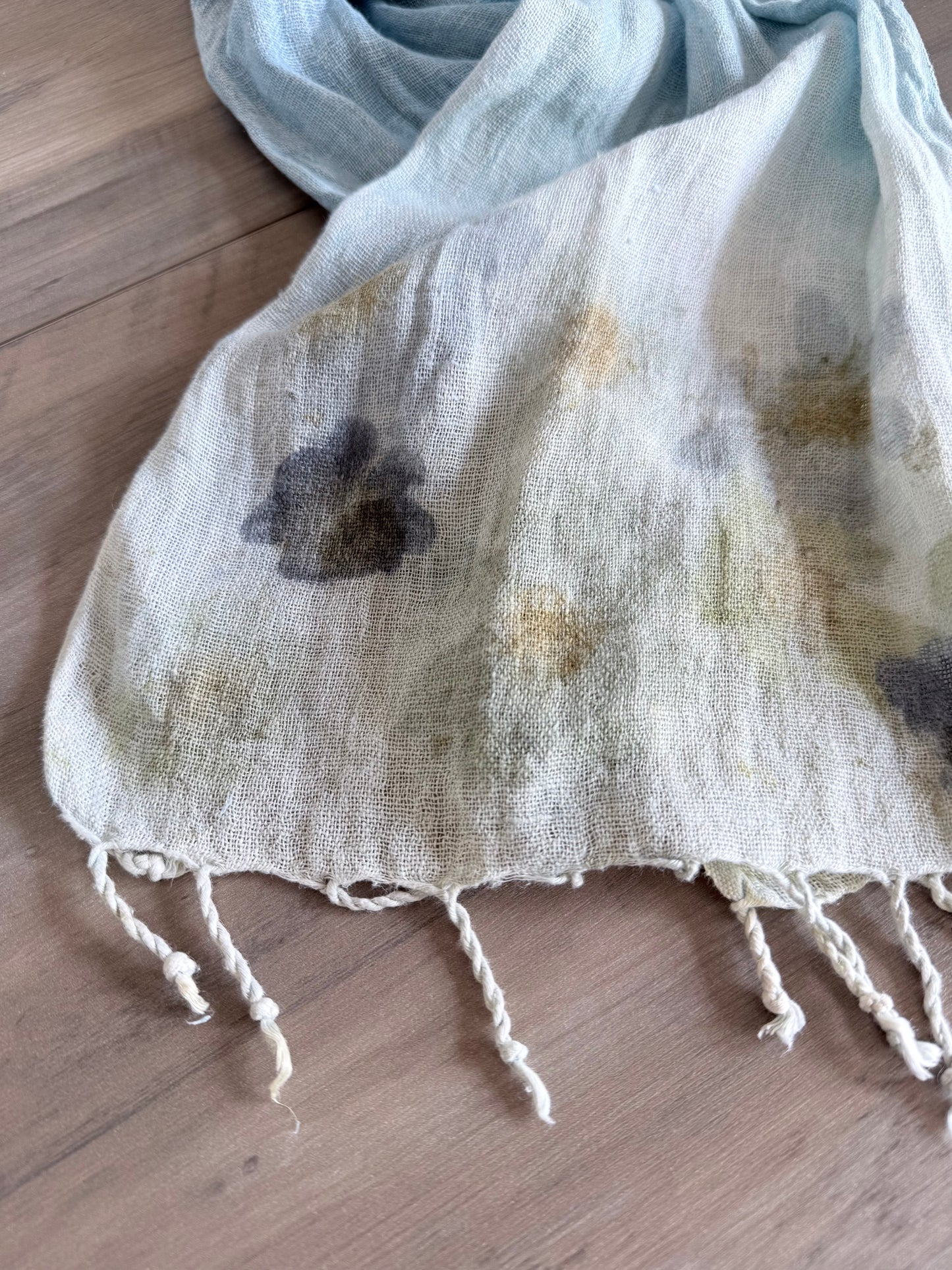 Botanical Linen Scarf in Soft Blue