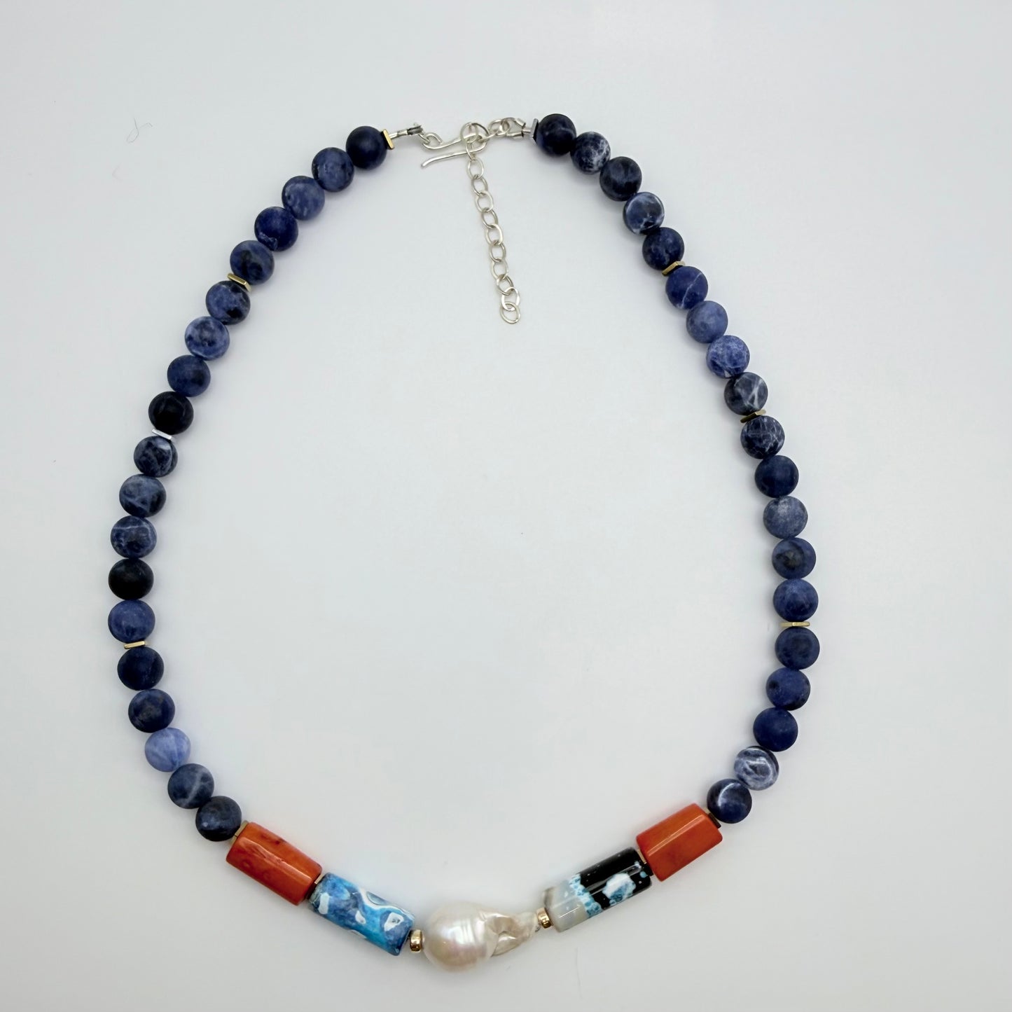 Sodalite, Agate, Coral & Baroque Pearl Statement Necklace