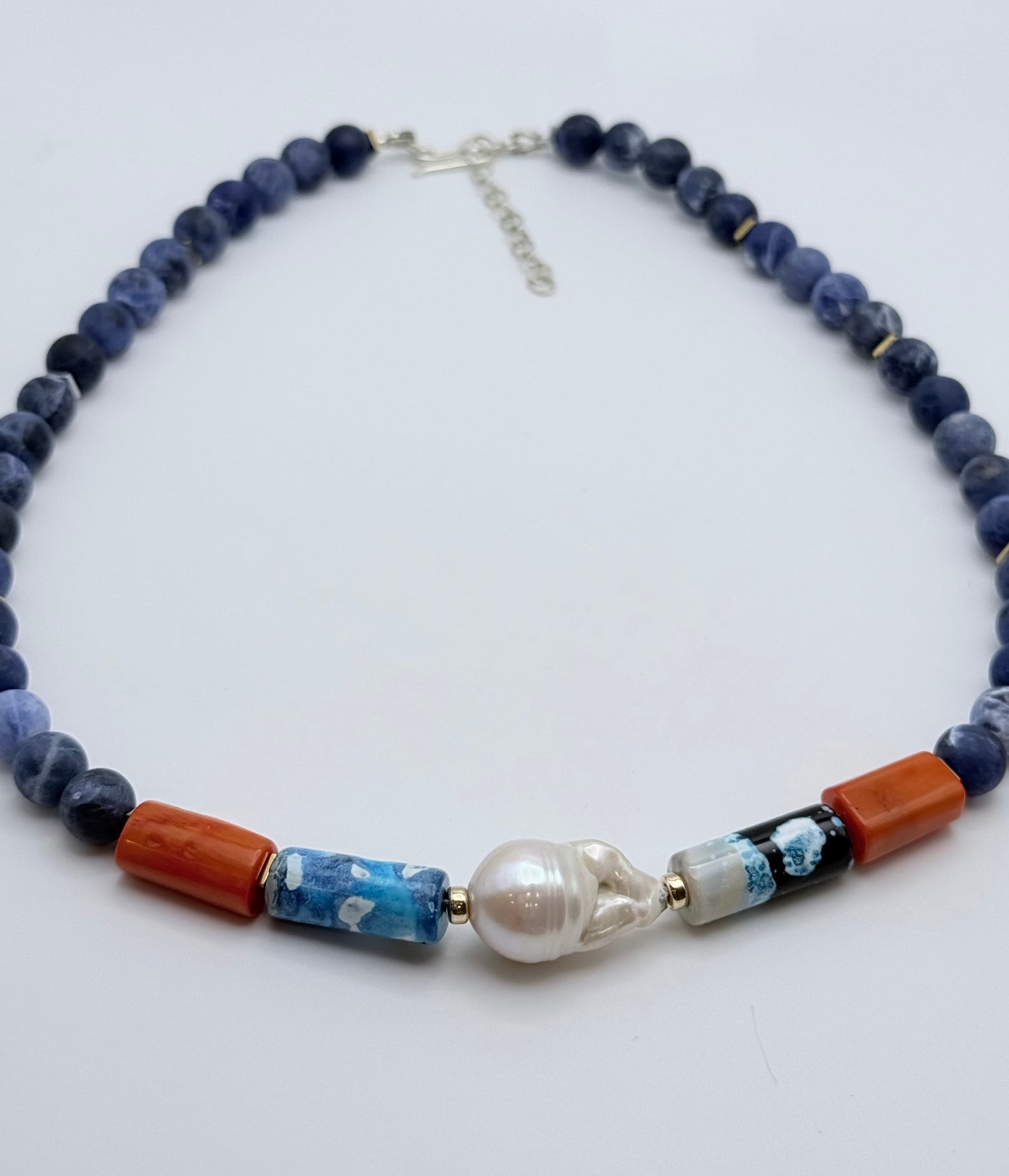 Sodalite, Agate, Coral & Baroque Pearl Statement Necklace