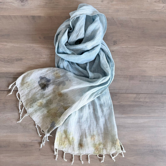 Botanical Linen Scarf in Soft Blue