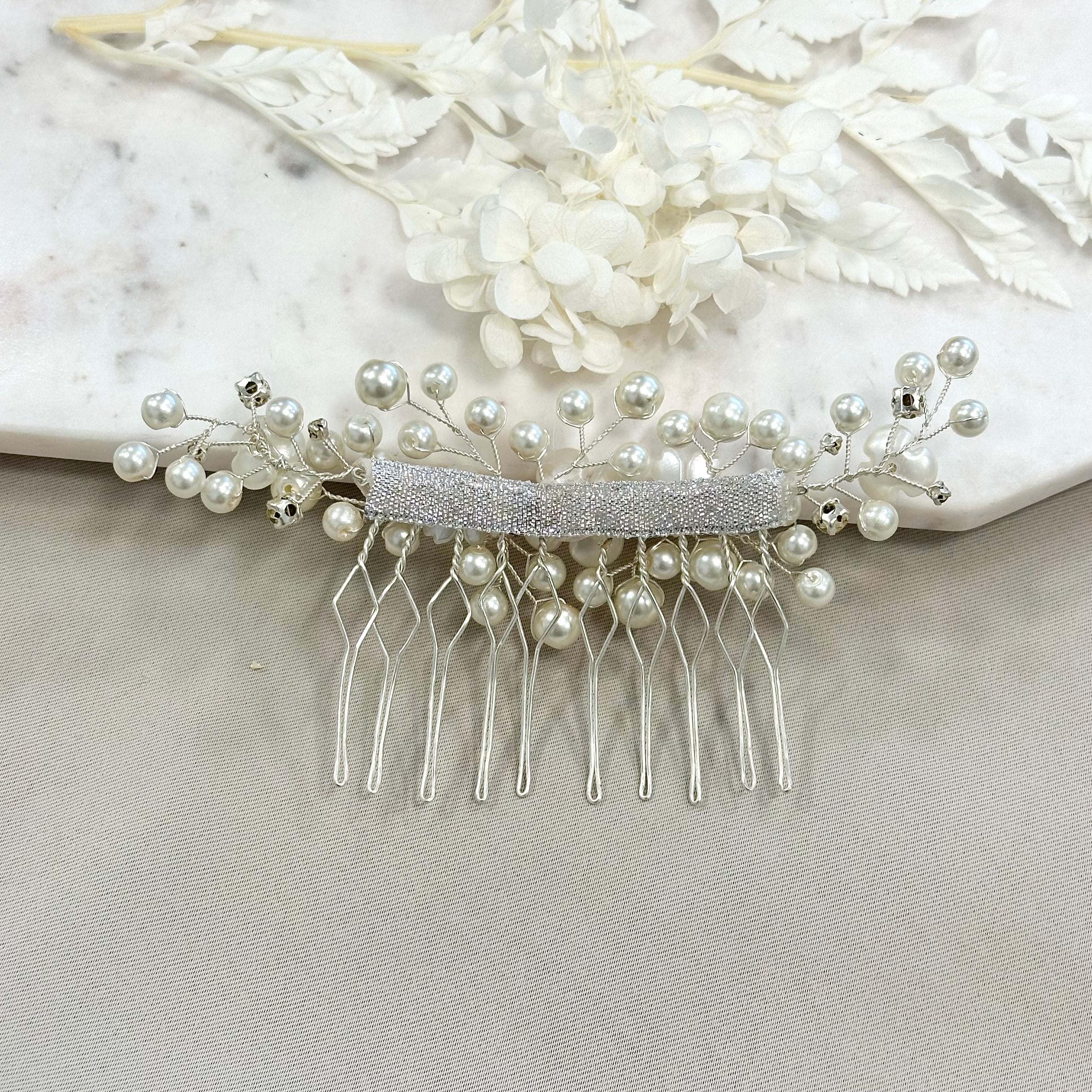 Bridal Pearl and Flowers Comb