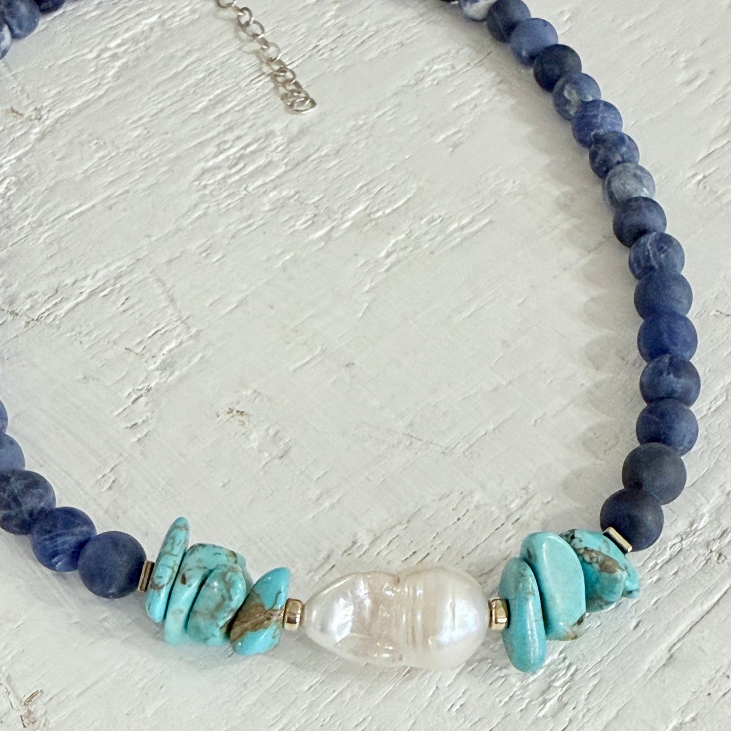 One-of-a-Kind Natural Sodalite, Turquoise & Baroque Pearl Statement Necklace