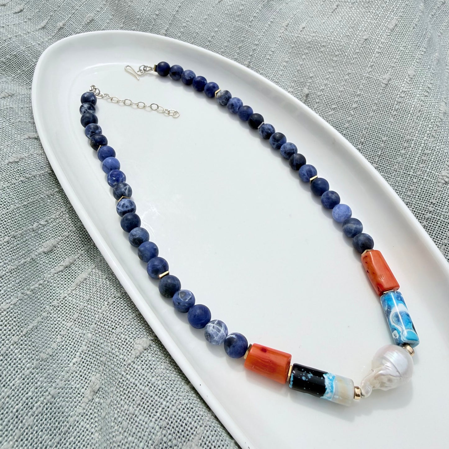 Sodalite, Agate, Coral & Baroque Pearl Statement Necklace
