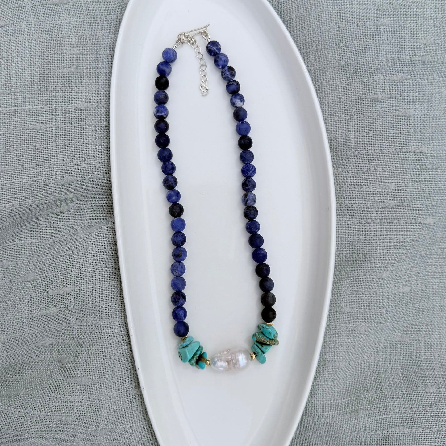 One-of-a-Kind Natural Sodalite, Turquoise & Baroque Pearl Statement Necklace