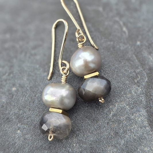Grey Pearl & Faceted Moonstone Drop Earrings