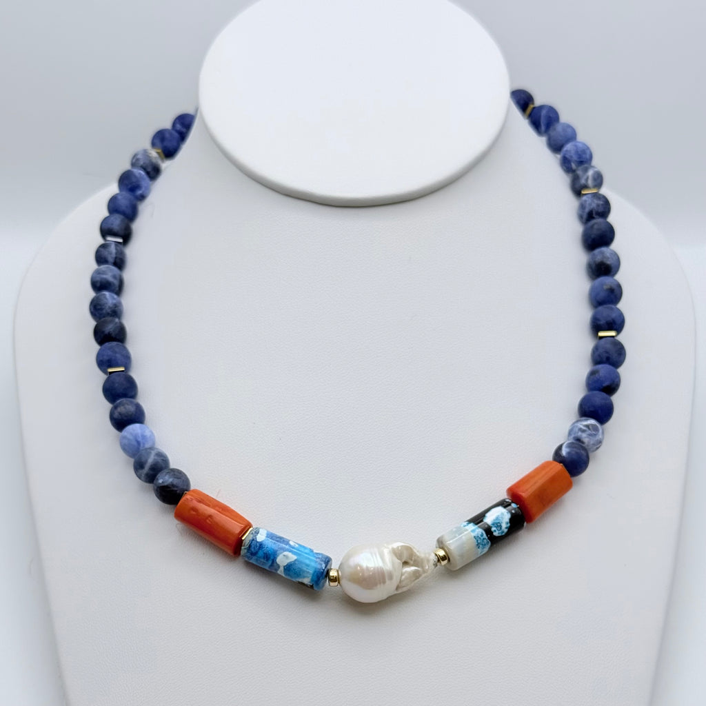 Sodalite, Agate, Coral & Baroque Pearl Statement Necklace