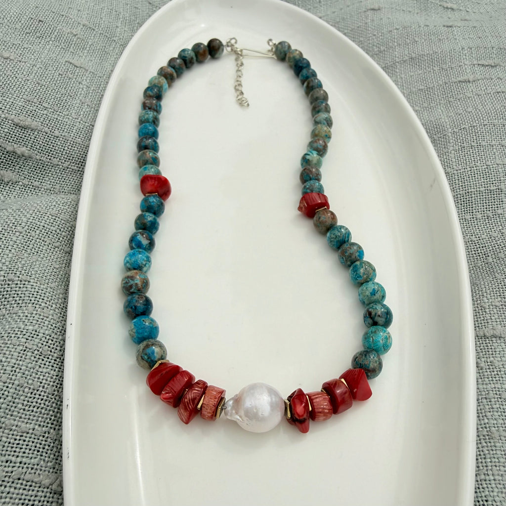 Blue Crazy Lace Agate, Red Coral & Baroque Pearl
