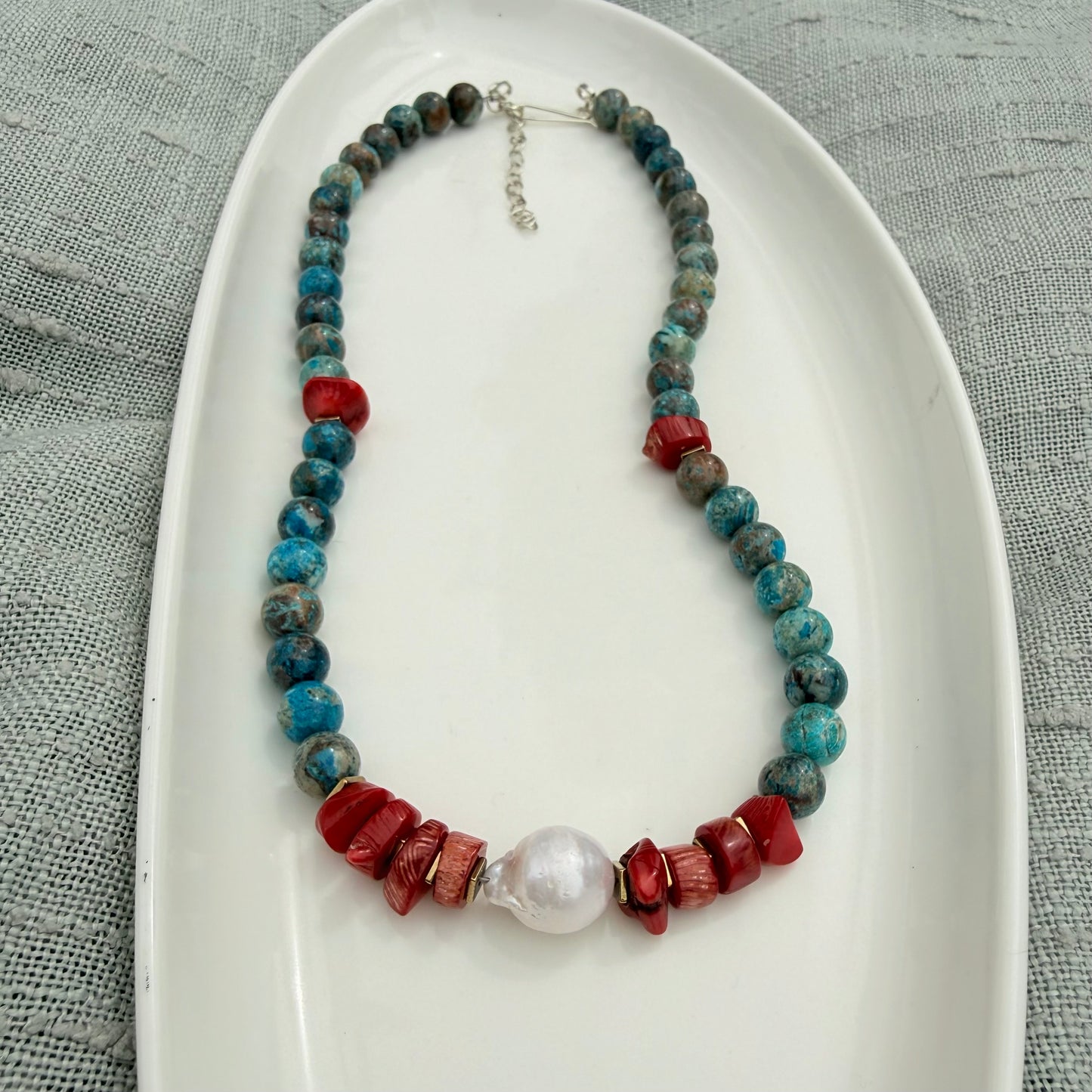 Blue Crazy Lace Agate, Red Coral & Baroque Pearl