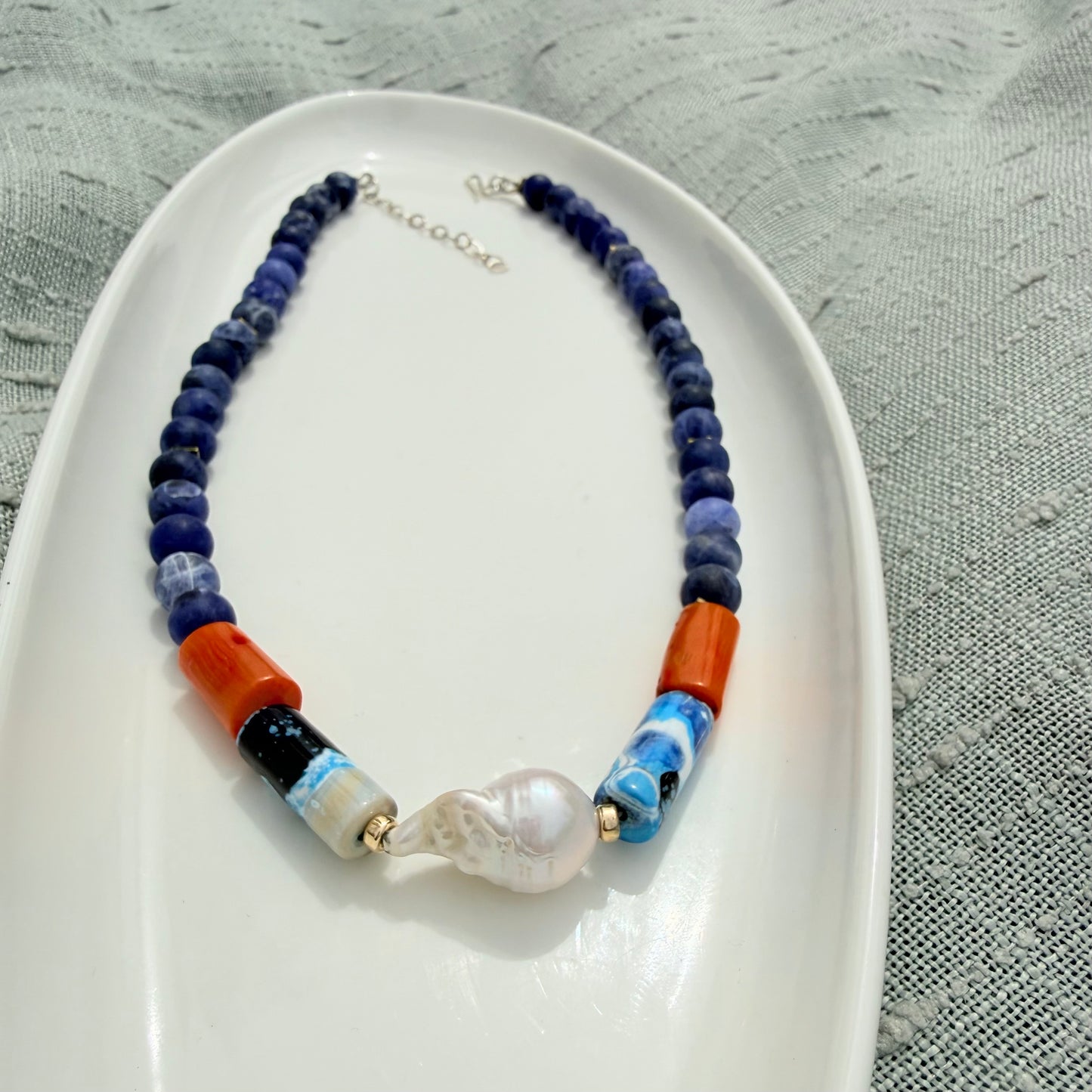 Sodalite, Agate, Coral & Baroque Pearl Statement Necklace