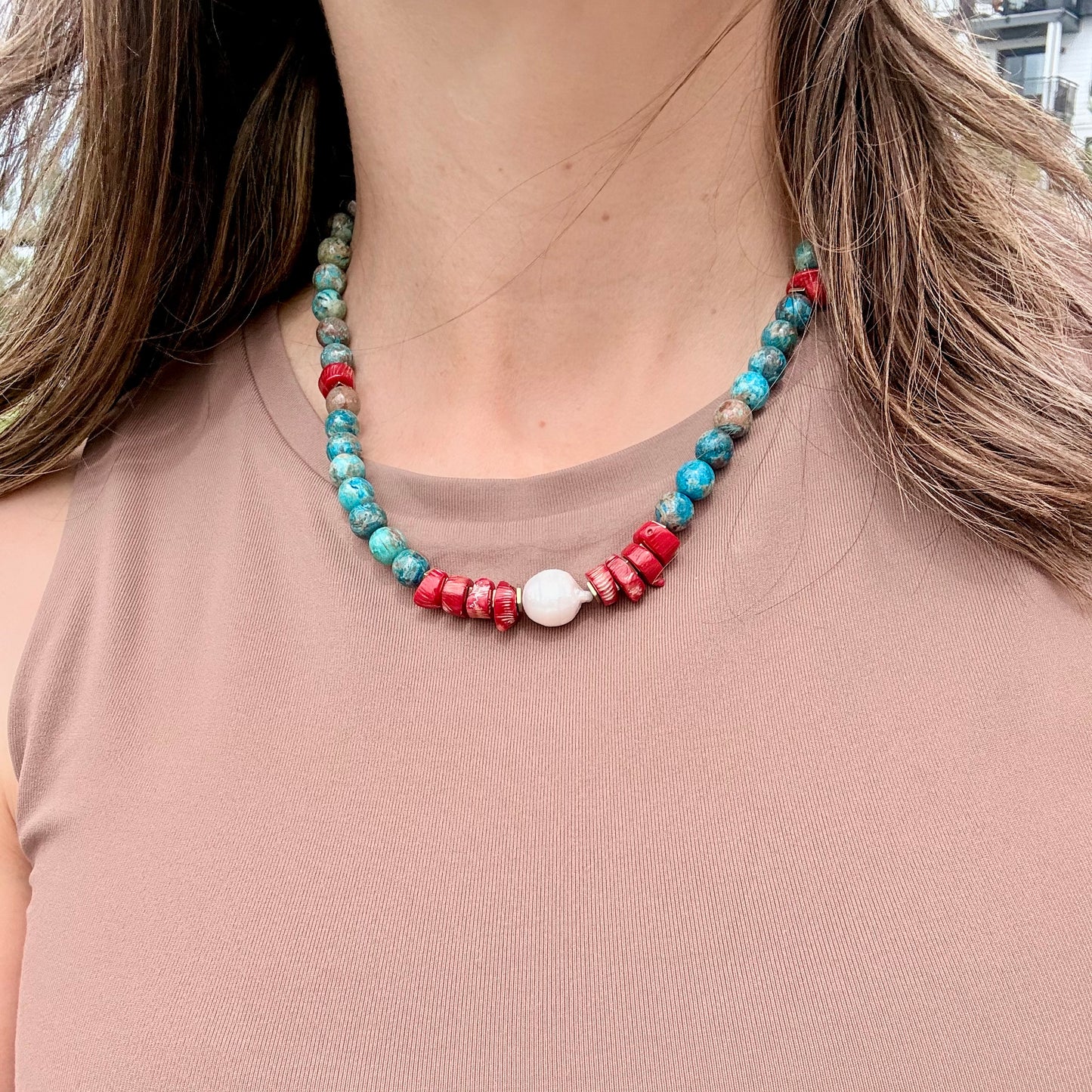 Blue Crazy Lace Agate, Red Coral & Baroque Pearl