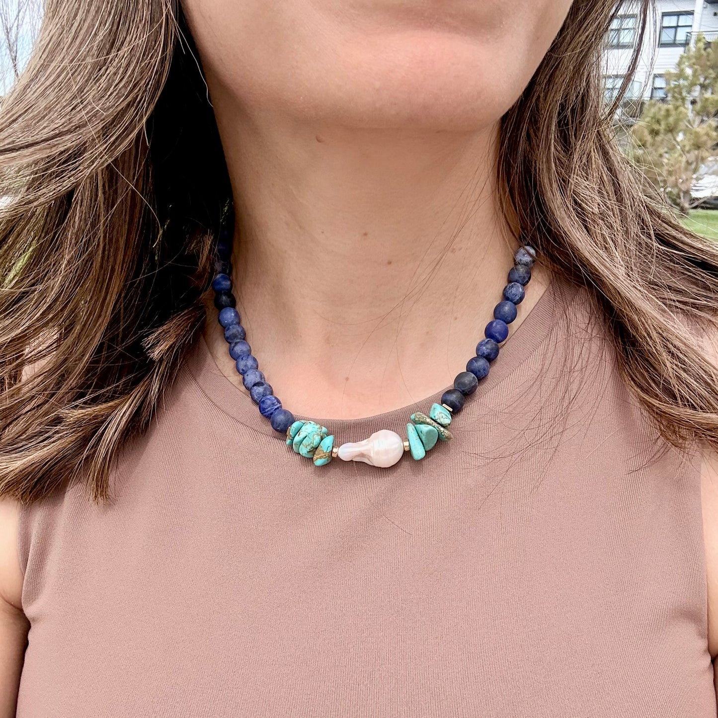 One-of-a-Kind Natural Sodalite, Turquoise & Baroque Pearl Statement Necklace