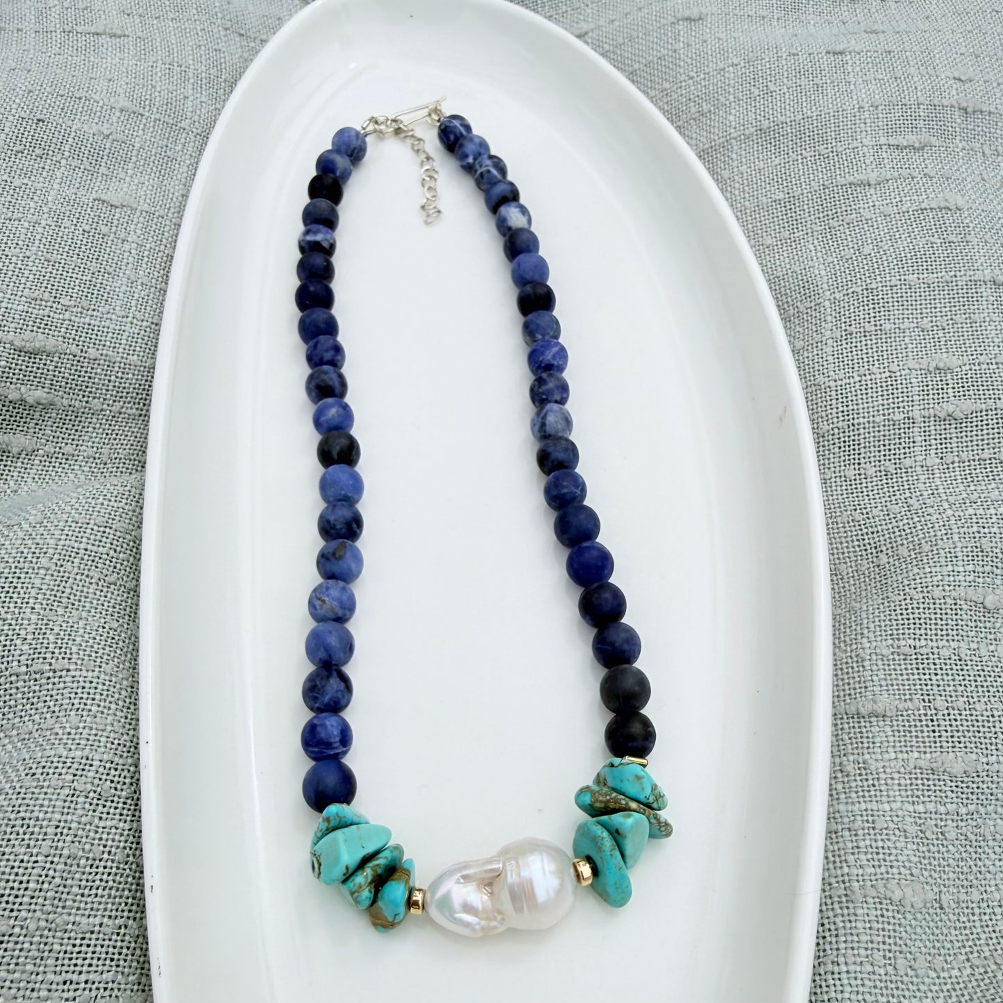 One-of-a-Kind Natural Sodalite, Turquoise & Baroque Pearl Statement Necklace
