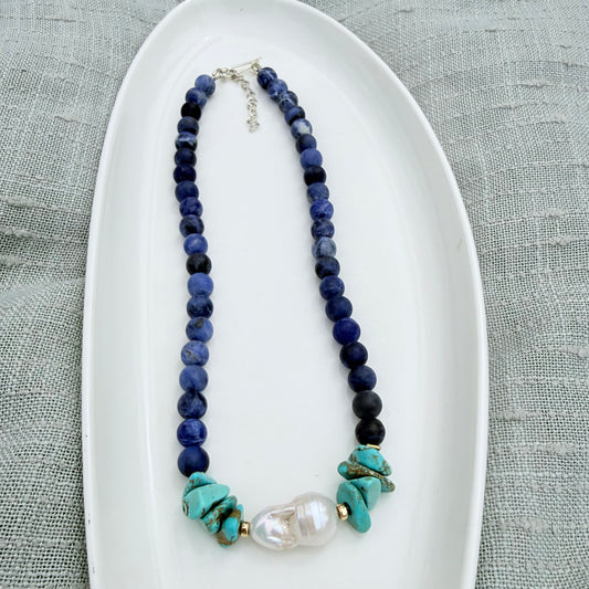 One-of-a-Kind Natural Sodalite, Turquoise & Baroque Pearl Statement Necklace