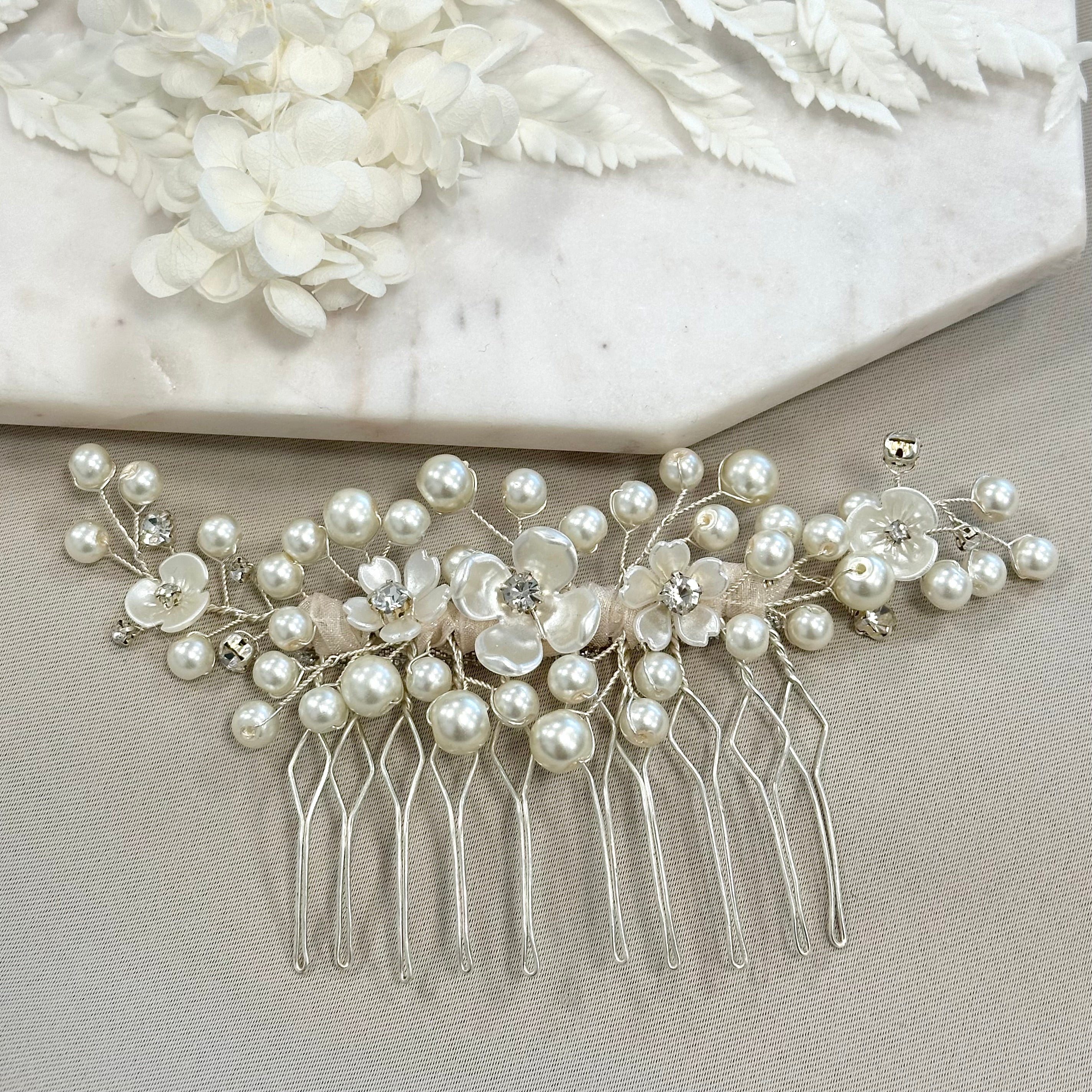 Bridal Pearl and Flowers Comb