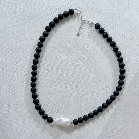 Black Lava Stone & Freshwater Pearl Necklace
