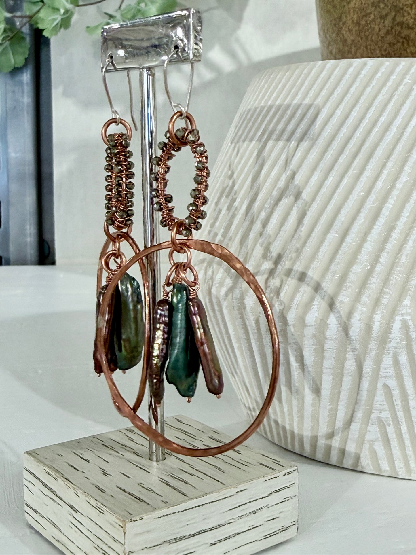 Hand Wired Copper & Pearl Statement Earrings