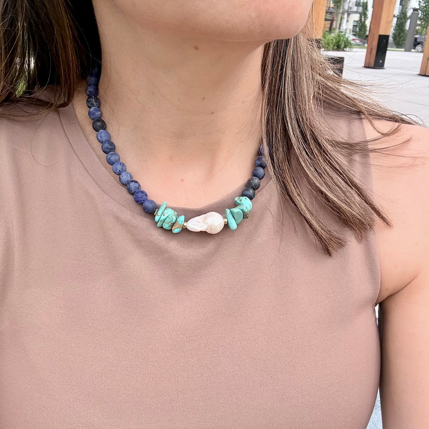 One-of-a-Kind Natural Sodalite, Turquoise & Baroque Pearl Statement Necklace