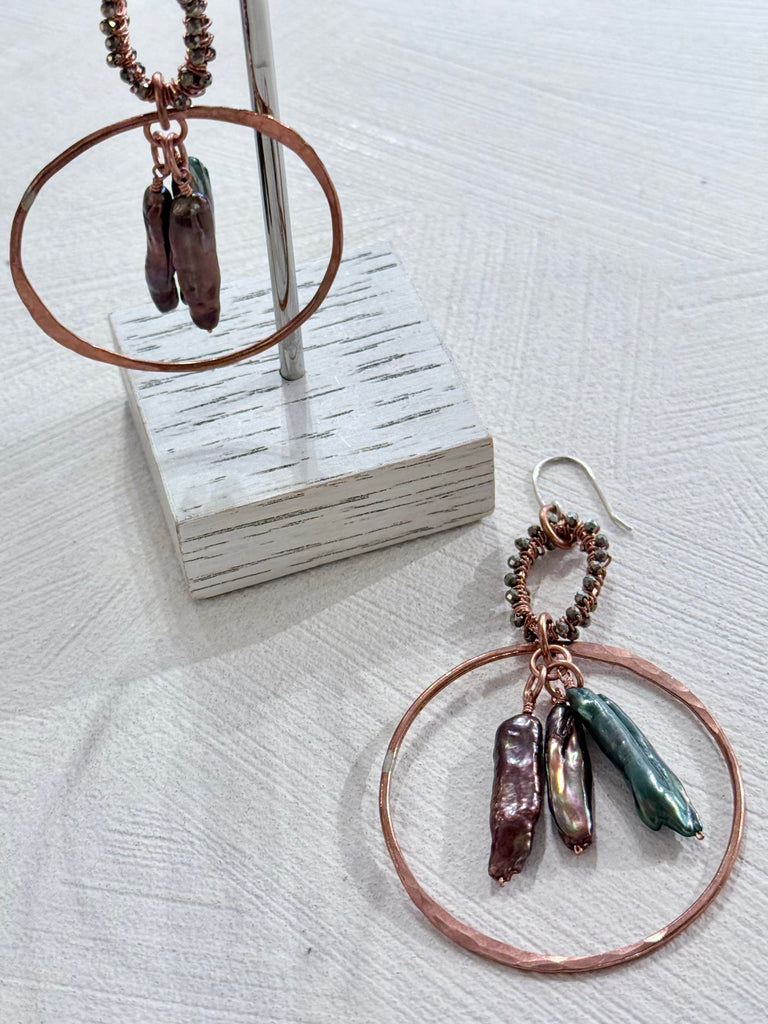 Hand Wired Copper & Pearl Statement Earrings