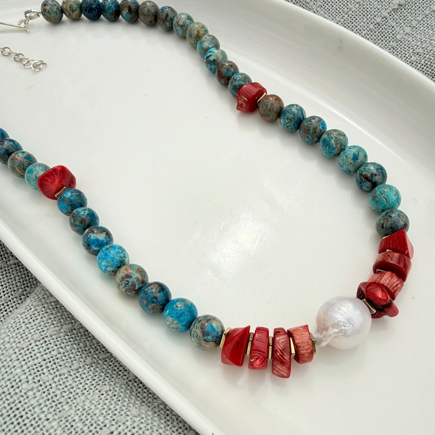 Blue Crazy Lace Agate, Red Coral & Baroque Pearl