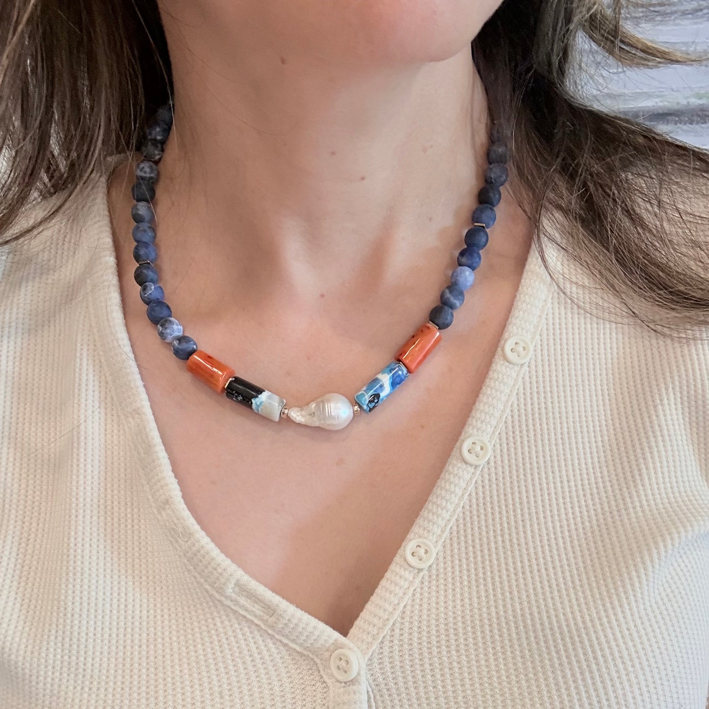 Sodalite, Agate, Coral & Baroque Pearl Statement Necklace