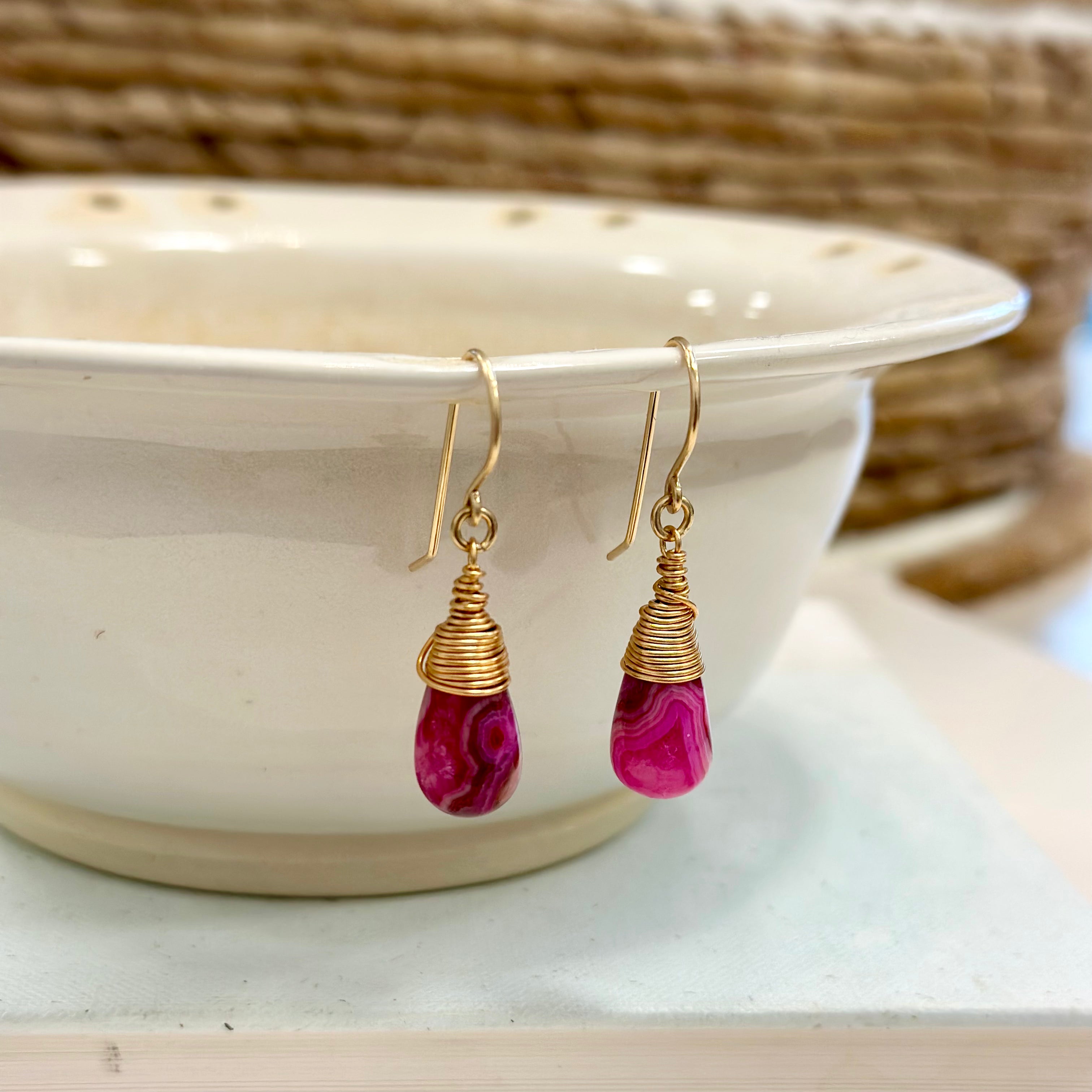 Fuchsia Lace Agate Earrings
